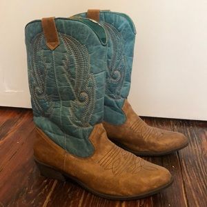 Cowboy boots (teal and tan/brown)